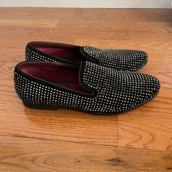 Steve Madden Rhinestone Loafers Mens 13 Black Leather Silver Bead Formal Shoes - Picture 5 of 8